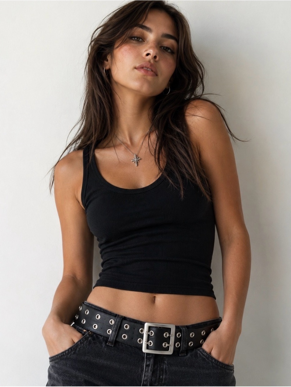 Black Double Grommet Leather Belt with Square Buckle